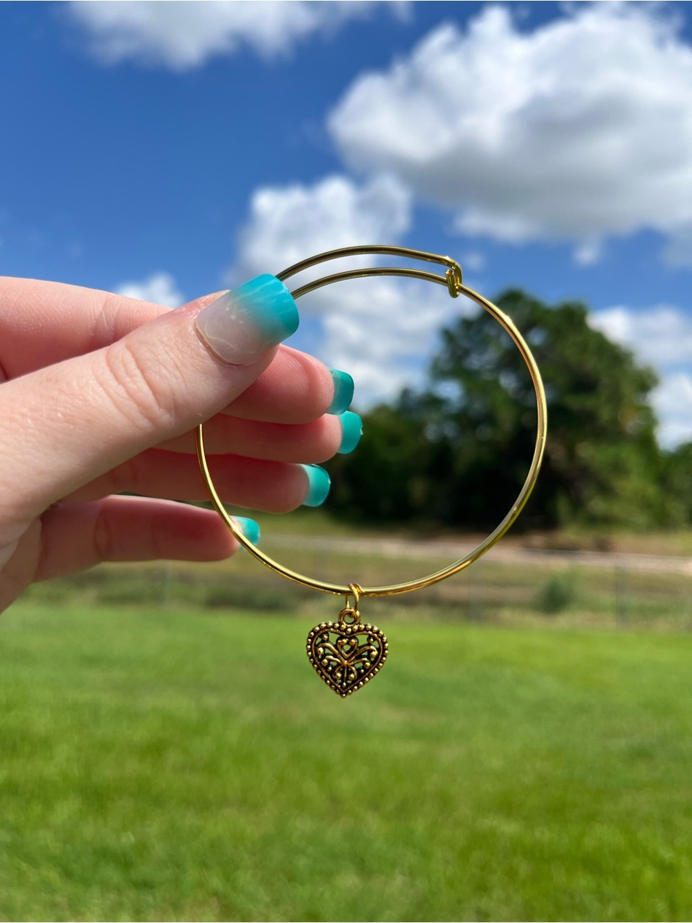 Handmade Gold Heart Charm Bangle Bracelet - Women Jewelry
